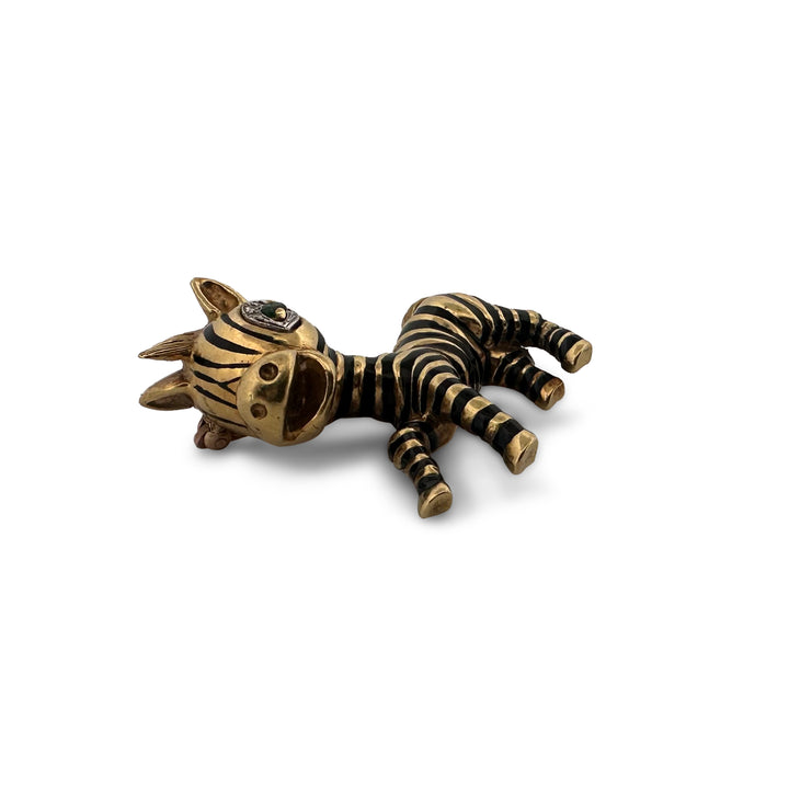 Vintage Enamel, Diamond & Emerald Zebra Brooch in 18k Yellow Gold