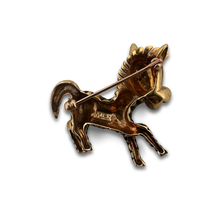 Vintage Enamel, Diamond & Emerald Zebra Brooch in 18k Yellow Gold