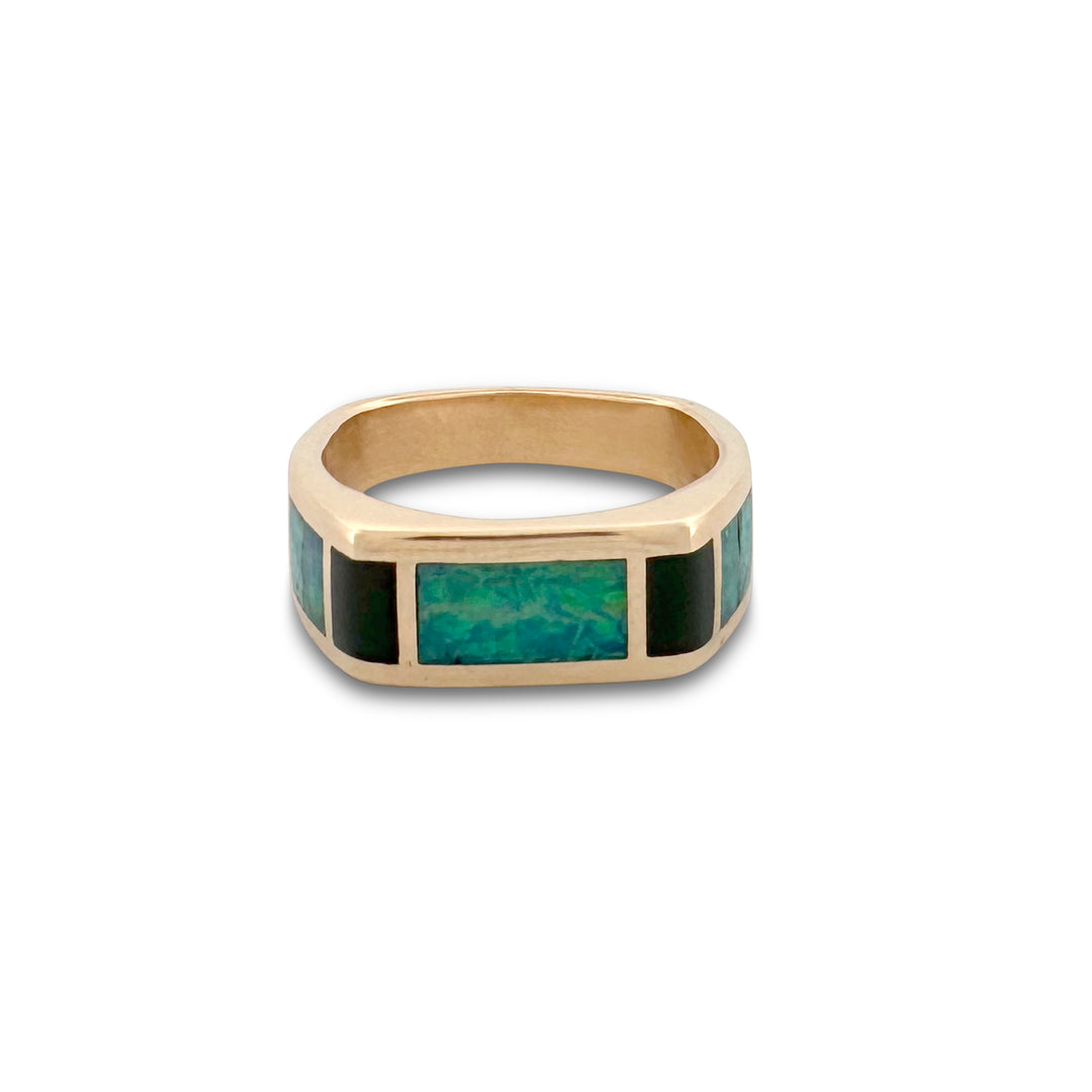 Opal and Onyx Inlay Men's Ring in 14k Yellow Gold